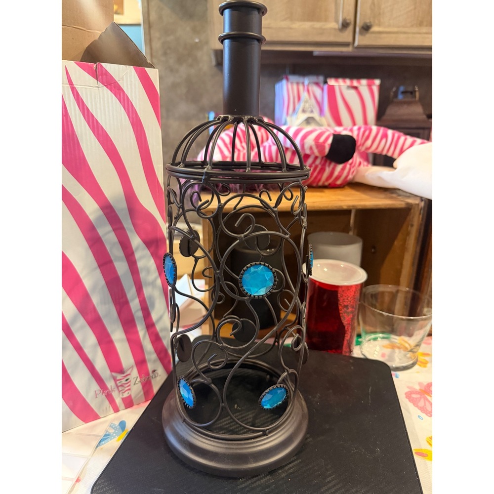Pink Zebra Wine Bottle Birdcage Accent Shade Bronze Metal Teal Gem Scrollwork